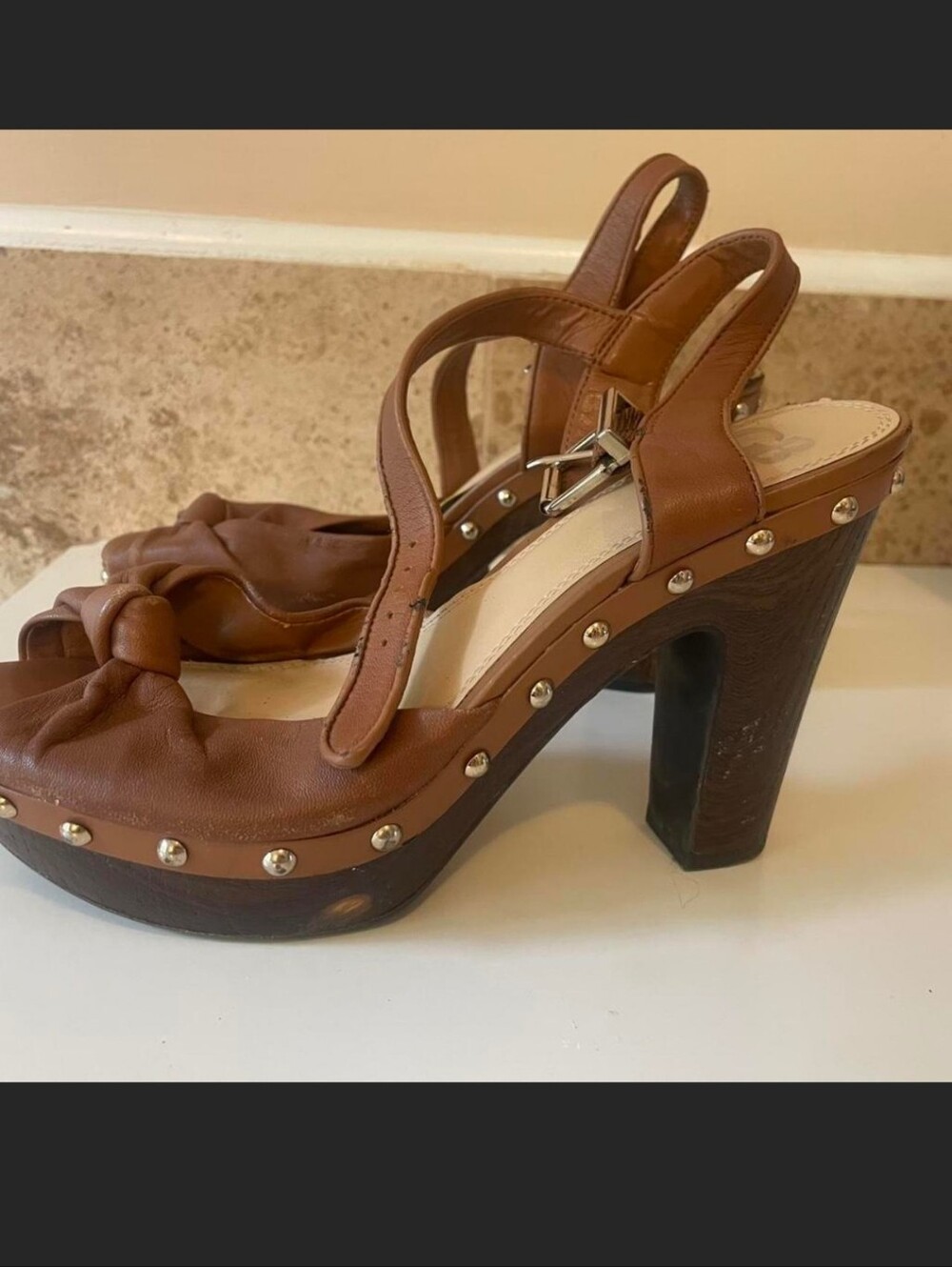 Gianni Bini Brown Leather Studded Platform Sandals, Size 8